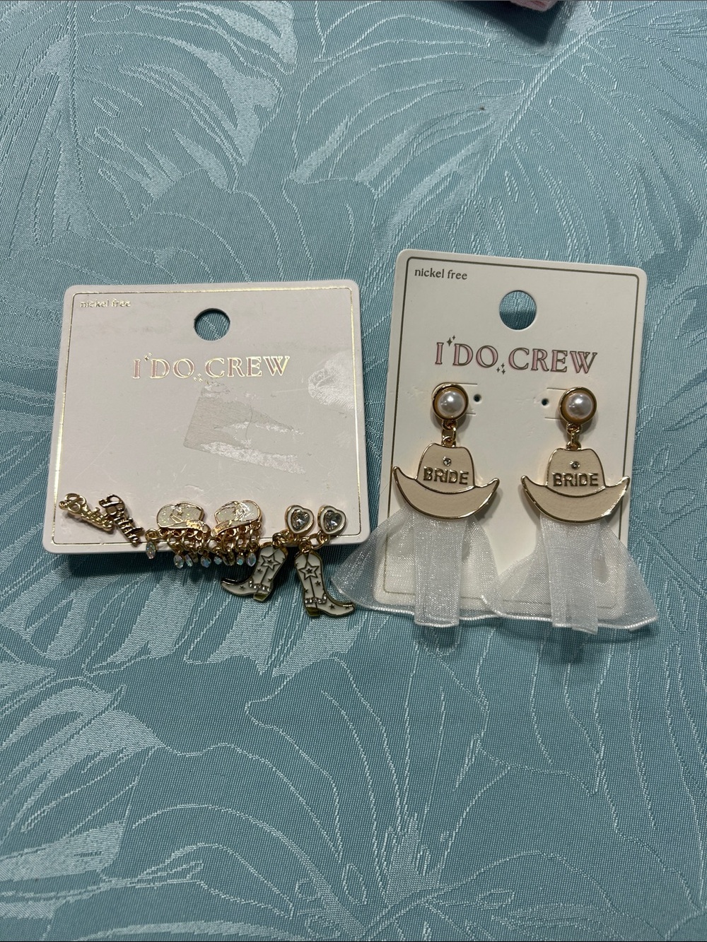Gold and White 'BRIDE' Dangle and Stud Earring Set
